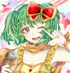  1girl ;d \m/ alternate_costume armpits bow breasts eyelashes green_hair hair_bow macross macross_frontier microphone one_eye_closed open_mouth ranka_lee red_eyes scarf seikan_hikou short_hair sleeveless small_breasts smile solo wind wind_lift yuikuma 