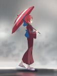  1girl alternate_costume black_choker blue_bow blue_sash bow cato_(monocatienus) choker clouds cloudy_sky commentary_request from_side full_body hair_bow holding holding_umbrella japanese_clothes kimono long_sleeves obi outdoors profile purple_footwear rain red_eyes red_kimono red_umbrella redhead sandals sash sekibanki sky socks solo touhou umbrella walking white_legwear wide_sleeves 