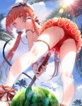  1girl anklet armband ass bangs bikini blue_sky breasts clouds day food from_behind from_below fruit green_eyes holding_stick ikezaki_misa jewelry long_hair looking_at_viewer low_twintails original outdoors palm_tree parted_lips red_bikini redhead sample sky small_breasts suikawari sun sun_flare swimsuit thigh_strap thighs tree twintails very_long_hair watermelon 