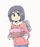  1girl animated animated_gif birthday_cake black_eyes black_hair blue_pants blush_stickers cake candle commentary english_commentary food graskip looking_at_viewer nichijou pants red_hoodie shinonome_nano smile solo winding_key 