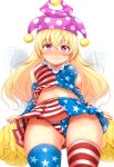  1girl :3 adapted_costume american_flag_legwear american_flag_panties american_flag_shirt american_flag_skirt ass_visible_through_thighs bangs bare_shoulders blonde_hair blue_legwear blue_panties blue_shirt blue_skirt blush cap_and_bells cheerleader clownpiece commentary_request cowboy_shot crop_top detached_sleeves eyebrows_visible_through_hair fairy_wings from_below groin hair_between_eyes hat heart heart-shaped_pupils highres holding holding_pom_poms jester_cap long_hair long_sleeves looking_at_viewer midriff miniskirt mismatched_legwear navel neck_ruff nose_blush panties pantyshot pantyshot_(standing) pleated_skirt polka_dot polka_dot_hat pom_poms purple_headwear red_legwear red_panties red_shirt red_skirt shirt simple_background skirt skirt_set sleeveless sleeveless_shirt smile solo standing star star_print stomach striped striped_legwear striped_panties striped_shirt striped_skirt sweat symbol-shaped_pupils thighs tokoya_(ex-hetare) touhou underwear violet_eyes white_background white_legwear white_panties white_shirt white_skirt wings 