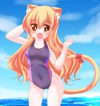  1girl :d animal_ears arm_up bangs bare_arms bare_shoulders blonde_hair blue_sky blush breasts cat_ears cat_girl cat_tail clouds competition_swimsuit covered_navel day eyebrows_visible_through_hair fang groin hair_between_eyes hand_behind_head hand_up highres horizon kanijiru large_breasts long_hair ocean one-piece_swimsuit open_mouth original outdoors purple_swimsuit red_eyes red_ribbon ribbon sky smile solo standing swimsuit tail tail_raised tail_ribbon very_long_hair wading water wavy_hair 