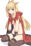 1girl bangs between_legs black_legwear blush bow breasts cagliostro_(granblue_fantasy) cape collarbone commentary_request eyebrows_visible_through_hair granblue_fantasy hand_between_legs headgear kneeling long_hair looking_at_viewer medium_breasts no_bra panties red_bow red_cape shiseki_hirame simple_background solo teeth thigh-highs under_boob underwear violet_eyes white_background 