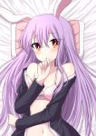  1girl animal_ears bangs bare_shoulders bed_sheet black_jacket blush bra breasts commentary_request covering_mouth hand_up highres jacket long_hair long_sleeves looking_at_viewer lying medium_breasts navel off_shoulder on_back open_clothes open_jacket parted_lips pillow pink_bra purple_hair rabbit_ears red_eyes reisen_udongein_inaba shirt solo stomach touhou tsukimirin underwear upper_body white_shirt 