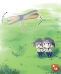  2girls :d artist_name bamboo-copter black_legwear blue_hakama blush brown_eyes brown_hair chibi commentary_request dual_persona eyebrows_visible_through_hair grass hair_between_eyes hakama hakama_skirt highres japanese_clothes kaga_(kantai_collection) kantai_collection motion_lines multiple_girls open_mouth short_hair side_ponytail smile taisa_(kari) tasuki thigh-highs 