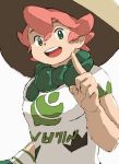  1boy freckles hat hijirino_yuuta index_finger_raised jersey male_focus pink_hair pokemon pokemon_(game) pokemon_swsh simple_background smile upper_body white_background yalow_(pokemon) 