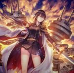  1girl aiguillette anbe_yoshirou azur_lane backlighting bangs beads belt black_hair black_jacket black_skirt breasts brown_hair cannon clouds cloudy_sky epaulettes expressionless eyebrows_visible_through_hair floating_hair gloves hair_between_eyes highres holding holding_sword holding_weapon horns jacket long_hair long_sleeves medium_breasts mikasa_(azur_lane) military military_uniform rigging serious sidelocks signature skirt sky solo sunset sword uniform weapon white_gloves wind wind_lift 