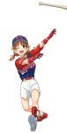 1girl baseball_bat baseball_cap baseball_uniform blue_headwear blush breasts brown_eyes brown_hair eyebrows_visible_through_hair gloves hat highres idolmaster idolmaster_cinderella_girls katagiri_sanae large_breasts looking_at_viewer nigou nippon_professional_baseball one_eye_closed open_mouth red_footwear red_gloves shoes short_hair short_sleeves short_twintails smile sneakers socks solo sportswear twintails white_legwear