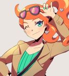  1girl aqua_eyes between_breasts breasts brown_coat coat english_commentary eyewear_on_head green_shirt gurepyon heart long_hair long_sleeves nail_polish orange_hair pokemon pokemon_(game) pokemon_swsh ribbed_shirt shirt side_ponytail smile sonia_(pokemon) strap_between_breasts sunglasses trench_coat 