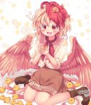 1girl :d animal_background arms_up bird bird_tail bird_wings blonde_hair blush boots brown_dress brown_footwear chick commentary_request dress feathered_wings hair_between_eyes heart holding_bird kemo_chiharu layered_dress looking_down multicolored_hair niwatari_kutaka open_mouth puffy_short_sleeves puffy_sleeves red_eyes red_neckwear redhead short_hair short_sleeves signature sitting smile solo touhou two-tone_hair wariza white_background wings 