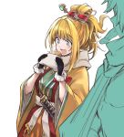  1boy 1girl black_gloves blonde_hair blush character_request copyright_request folded_ponytail fur-trimmed_gloves fur_trim gloves hair_ornament hair_ribbon katana lefthand red_ribbon ribbon scarf smile solo_focus sword weapon white_background wide_sleeves 