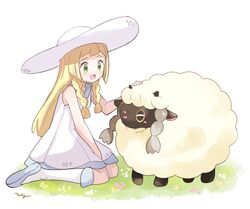  1girl blonde_hair braid gen_8_pokemon lillie_(pokemon) mei_(maysroom) pokemon pokemon_(game) pokemon_sm sheep wooloo 