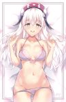  1girl :d absurdres arcaea ass_visible_through_thighs bangs bare_arms bare_shoulders beret bra breasts collarbone commentary cowboy_shot grey_bra grey_eyes grey_panties groin hair_between_eyes halterneck hands_up hat highres hikari_(arcaea) k-doku long_hair looking_at_viewer lying medium_breasts navel on_back open_mouth panties signature smile solo stomach underwear underwear_only white_hair white_headwear 