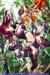  1girl armpits asymmetrical_sleeves bandaged_arm bandages black_legwear black_panties boots bra day faulds fire floating_hair forest gabiran green_eyes grey_footwear grin hair_over_one_eye highleg highleg_panties holding holding_sword holding_weapon long_hair nature navel outdoors panties purple_bra redhead sengoku_yaraideka shiny shiny_hair shoulder_armor skull smile solo spaulders sword thigh-highs underwear weapon 