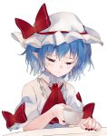  1girl ascot bangs blue_hair blush bow brooch closed_eyes commentary_request cup dress hat hat_bow highres holding holding_cup ikurauni jewelry mob_cap nail_polish pointy_ears puffy_short_sleeves puffy_sleeves red_bow red_nails red_neckwear remilia_scarlet short_hair short_sleeves simple_background solo teacup tears touhou upper_body white_background white_dress white_headwear 