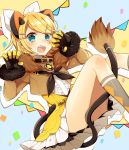  1girl amulet animal_ears asagao_minoru belt_collar between_legs black_bow blonde_hair blue_eyes blush bow bowtie brown_jacket claw_pose collar confetti feet_out_of_frame flag frilled_skirt frills fur-trimmed_jacket fur_trim gloves hair_bow hair_ornament hairclip highres jacket kagamine_rin knees_up looking_at_viewer magical_mirai_(vocaloid) open_mouth short_hair sitting skirt socks solo tail tail_between_legs thighs vocaloid white_bow 