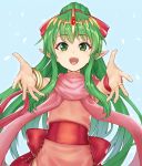  1girl blush cape chiki child circlet cute dragon_girl dress fire_emblem fire_emblem:_mystery_of_the_emblem fire_emblem_heroes fire_emblem_musou green_eyes green_hair hair_ornament hiyashiru hug intelligent_systems long_hair mamkute nintendo open_mouth pink_dress pointy_ears ponytail simple_background solo tiara white_background young 