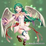  1girl 2017 :d ahoge blue_eyes bow breasts brown_footwear capelet dress eyebrows_visible_through_hair feathered_wings floating_hair gabiran green_background green_hair loafers long_hair long_sleeves open_mouth outstretched_arms outstretched_hand pointy_ears red_bow revolve shiny shiny_hair shoes short_dress small_breasts smile solo thigh-highs very_long_hair white_dress white_legwear white_wings wings 