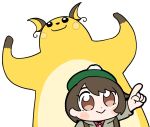  1girl :&gt; arms_up backpack bag bangs bkub blush bob_cut brown_bag brown_eyes brown_hair commentary dot_nose dynamax female_protagonist_(pokemon_swsh) gen_1_pokemon green_headwear grey_jacket jacket light_blush pointing pokemon pokemon_(creature) pokemon_(game) pokemon_swsh quality raichu red_shirt shirt simple_background smile swept_bangs tam_o&#039;_shanter white_background white_fur 