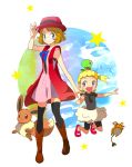  2girls :d asymmetrical_hair bike_shorts black_legwear black_shirt black_shorts blonde_hair blue_eyes blue_ribbon boots brown_footwear brown_hair character_request closed_mouth dress eevee full_body hat jumping looking_at_viewer multiple_girls neck_ribbon open_mouth outstretched_arm pink_dress pokemon pokemon_(anime) pokemon_on_head popcorn_91 red_headwear ribbon serena_(pokemon) shirt short_dress short_hair short_sleeves shorts sleeveless sleeveless_dress smile standing thigh-highs white_background zettai_ryouiki 