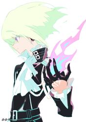  1boy akira_hou black_gloves black_jacket blonde_hair cravat fire gloves half_gloves jacket lio_fotia male_focus promare solo violet_eyes 