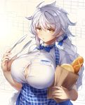  1girl alternate_breast_size alternate_costume apron asymmetrical_hair baguette blush braid bread breasts brown_eyes eyebrows_visible_through_hair food hair_between_eyes huge_breasts kantai_collection large_breasts long_hair looking_at_viewer open_mouth package shirt short_sleeves silver_hair single_braid solo unryuu_(kantai_collection) very_long_hair wavy_hair white_shirt yamaarashi 