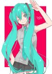  1girl 39 ;) armpit_peek armpits bare_arms bare_shoulders black_skirt blue_eyes blue_hair blue_neckwear breasts cowboy_shot curly_hair eyebrows_visible_through_hair eyelashes grey_shirt hair_between_eyes hand_on_hip hand_up hatsune_miku head_tilt long_hair looking_at_viewer mope necktie one_eye_closed pink_background pleated_skirt rectangle salute shirt simple_background skirt sleeveless sleeveless_shirt small_breasts smile solo standing thigh-highs twintails two-tone_background very_long_hair vocaloid white_background zettai_ryouiki 