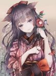  1girl animal_ears blue_eyes bracelet bug butterfly cat_ears closed_mouth facial_mark final_fantasy final_fantasy_xiv flower flower_request hakama holding holding_flower insect japanese_clothes jewelry kimono long_sleeves looking_at_viewer miqo&#039;te red_flower sakura_mochiko solo upper_body wide_sleeves 