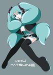  1girl :d black_legwear black_skirt blue_eyes blue_hair blue_neckwear character_name detached_sleeves eyebrows_visible_through_hair full_body grey_background grey_shirt hair_between_eyes hand_in_hair happy hatsune_miku head_tilt headset interlocked_fingers knees_together_feet_apart long_hair looking_at_viewer necktie open_mouth pleated_skirt pokki_(sue_eus) shaded_face shirt simple_background skirt smile solo thigh-highs twintails very_long_hair vocaloid zettai_ryouiki 
