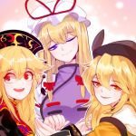  3girls :d armpits bangs bare_shoulders blonde_hair bow chinese_clothes closed_mouth crossed_bangs detached_sleeves eyebrows_visible_through_hair hair_bow hair_ribbon hat hat_ribbon holding_hands junko_(touhou) long_hair long_sleeves looking_at_another looking_at_viewer looking_to_the_side matara_okina mindoll mob_cap multiple_girls one_eye_closed open_mouth orange_eyes pom_pom_(clothes) portrait red_bow red_eyes red_ribbon ribbon sidelocks smile tabard touhou violet_eyes wide_sleeves yakumo_yukari 