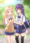  2girls bag black_hair black_legwear blonde_hair blue_bow blue_eyes blue_skirt blue_sky blurry blurry_background blush bookbag bow braid cuna_(qunya) day food food_on_face glint hand_up handkerchief highres ice_cream ice_cream_cone long_hair multiple_girls original outdoors pink_eyes plaid plaid_skirt school_uniform shirt short_sleeves skirt sky standing sweater_vest thigh-highs uniform very_long_hair white_shirt yuri 