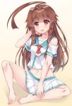  1girl :3 :p ahoge bangs bare_shoulders barefoot blush braid breasts brown_eyes brown_hair collarbone commentary_request eyebrows_visible_through_hair full_body hair_between_eyes highres huge_ahoge kantai_collection ko_yu kuma_(kantai_collection) long_hair looking_at_viewer midriff navel neckerchief sailor_collar school_uniform serafuku shirt short_sleeves shorts simple_background sitting smile solo tongue tongue_out white_background 