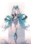  1girl aqua_hair back_bow bow commentary_request door envelope floating_hair flower from_behind gradient gradient_background green_hair hatsune_miku high_heels highres holding holding_flower long_hair mikusymphony reflection rose skirt thigh-highs twintails very_long_hair vocaloid 