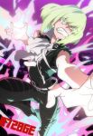  1672 1boy belt black_jacket blonde_hair clenched_teeth cravat fire jacket lio_fotia looking_at_viewer male_focus outstretched_hand promare signature solo teeth torn_clothes torn_sleeves violet_eyes 