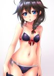  1girl absurdres ahoge ass_visible_through_thighs bikini black_hair blue_eyes braid breasts chestnut_mouth collarbone commentary_request cowboy_shot front-tie_top gradient gradient_background hair_flaps hair_ornament hair_over_shoulder highres kantai_collection looking_at_viewer makura_(user_jpmm5733) navel plaid plaid_bikini remodel_(kantai_collection) shigure_(kantai_collection) side-tie_bikini single_braid small_breasts solo swimsuit undressing white_background 
