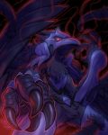  armor bird black_sclera claws corviknight crow full_body gen_8_pokemon highres looking_at_viewer no_humans official_art pokemon pokemon_(creature) red_eyes sharp_claws smashega standing 