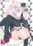  1girl :o animal_ear_fluff animal_ears armpits arms_up ass bandaged_arm bandages bangs black_footwear black_legwear black_panties black_shirt blush boots breasts cat_ears cat_girl cat_tail commentary_request eyebrows_visible_through_hair facial_scar fate/apocrypha fate/grand_order fate_(series) feet_out_of_frame gloves grey_background grey_eyes hair_between_eyes jack_the_ripper_(fate/apocrypha) kemonomimi_mode knees_together_feet_apart panties parted_lips paw_background paw_gloves paws scar scar_across_eye scar_on_cheek shirt sideboob silver_hair sleeveless sleeveless_shirt small_breasts solo suzuho_hotaru tail thigh-highs thigh_boots twitter_username underwear white_gloves 