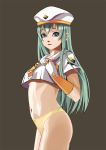  1girl alice_carroll aqua_hair aria blue_eyes breasts brown_background cowboy_shot crop_top fingerless_gloves gloves hair_between_eyes hat kalash_(1129573) long_hair looking_at_viewer navel panties parted_lips shiny shiny_hair shirt short_sleeves simple_background small_breasts solo standing under_boob underwear very_long_hair white_headwear white_shirt yellow_gloves yellow_panties 