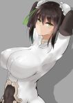  1girl absurdres armpits arms_behind_head arms_up bangs black_hair blush bodysuit breasts bun_cover closed_mouth double_bun elbow_gloves fate/grand_order fate_(series) gloves green_eyes green_ribbon grey_background hair_between_eyes highres large_breasts looking_at_viewer negi_(sakuyaizayoi1029) qin_liangyu_(fate) ribbon sidelocks simple_background smile white_bodysuit 