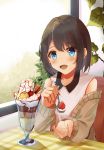  1girl blue_eyes blush brown_hair day earrings food fruit indoors jewelry long_sleeves medium_hair open_mouth original parfait pocky red_nails shirt sitting sleeveless sleeveless_shirt smile solo spoon strawberry whipped_cream white_shirt 