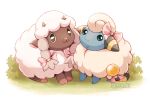  2others :3 animal_ears blue_skin bow commentary creatures_(company) dark_skin fluffy game_freak gen_2_pokemon gen_8_pokemon hair_bow happy highres horns looking_at_viewer mareep nintendo no_humans olm_digital pink_bow pokemon pokemon_gsc pokemon_swsh ribbon seyumei sheep sheep_ears sheep_horns smile standing tail tail_bow tv_tokyo wool wooloo 