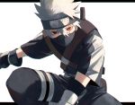  1boy black_eyes black_gloves black_pants gloves hair_between_eyes hatake_kakashi heterochromia looking_at_viewer male_focus mask naruto_(series) oriharaizaya0111 pants red_eyes scar scar_across_eye sharingan short_sleeves silver_hair simple_background solo white_background 