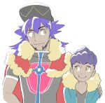  2boys arm_around_shoulder black_shirt blue_jacket brothers cape closed_mouth dande_(pokemon) dark_skin dark_skinned_male fur_trim hat height_difference hop_(pokemon) jacket jersey looking_at_another male_focus multiple_boys pokemon pokemon_(game) pokemon_swsh purple_hair red_cape shirt siblings simple_background smile soccer_uniform sportswear upper_body white_background 