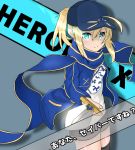  1girl ahoge artoria_pendragon_(all) atsumisu bangs baseball_cap black_shorts blonde_hair blue_eyes blue_headwear blue_jacket blue_scarf breasts character_name closed_mouth commentary_request eyebrows_visible_through_hair fingernails grey_legwear gym_shirt hair_between_eyes hair_through_headwear hat highres himitsucalibur holding holding_sword holding_weapon jacket long_sleeves mysterious_heroine_x name_tag open_clothes open_jacket ponytail rojiura_satsuki:_chapter_heroine_sanctuary scarf shirt short_shorts shorts sidelocks small_breasts smile solo sword thigh-highs track_jacket translated weapon white_shirt 