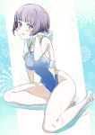  1girl bangs blue_swimsuit blunt_bangs blush blush_stickers breasts covered_navel eromanga_sensei eyebrows_visible_through_hair goggles goggles_around_neck highres large_breasts looking_at_viewer one-piece_swimsuit pink_x purple_hair senju_muramasa short_hair sitting solo swimsuit towel towel_around_neck violet_eyes wet yokozuwari 