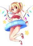  1girl :p bangs bare_arms bare_legs bare_shoulders bikini blonde_hair breasts commentary_request cross-laced_footwear crystal eyebrows_visible_through_hair flandre_scarlet food frilled_bikini frills full_body hair_ornament hair_scrunchie hand_up head_tilt heart holding holding_food innertube kuraaken long_hair looking_at_viewer navel no_hat no_headwear one_side_up popsicle red_bikini red_eyes red_footwear red_scrunchie scrunchie shoes simple_background small_breasts smile solo stomach swimsuit thighs tongue tongue_out touhou white_background wings wrist_scrunchie 