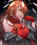  1girl absurdres bare_shoulders black_jacket breasts brown_eyes brown_hair diamond_(gemstone) earrings glasses glint gloves hand_up highres holding ihachisu jacket jewelry large_breasts long_hair long_sleeves looking_at_viewer multicolored_hair necklace off_shoulder original parted_lips red_gloves red_shirt ribbed_shirt round_eyewear shirt sidelocks sleeveless sleeveless_shirt smile solo two-tone_hair upper_body white_hair yellow-framed_eyewear 