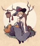  1girl bare_shoulders black_headwear blonde_hair blush breasts dress halloween hat highres jasmin_darnell jewelry medium_breasts necklace original pumpkin sitting smile solo strapless striped striped_dress tree witch_hat 