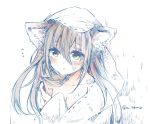  1girl animal_ears breasts brown_hair commentary_request dirty dirty_face expressionless flying_sweatdrops long_hair mitoko_(kuma) naked_towel original parted_lips sketch towel wolf_ears yellow_eyes 