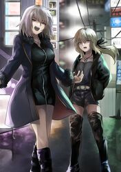  2girls artoria_pendragon_(all) belt black_coat black_dress black_footwear black_jacket black_shirt black_shorts blonde_hair boots cardigan casual city coat commentary dress fate/grand_order fate_(series) fingernails fur-trimmed_coat fur_trim glaring grey_belt grey_hair half-closed_eyes hands_in_pockets jacket jeanne_d&#039;arc_(alter)_(fate) jeanne_d&#039;arc_(fate)_(all) jewelry kiya_hajime knee_boots multiple_girls necklace night open_cardigan open_clothes open_jacket open_mouth saber_alter sharp_fingernails shirt short_dress short_shorts shorts smirk thigh-highs thigh_boots utility_pole wicked_dragon_witch_ver._shinjuku_1999 wind yellow_eyes 